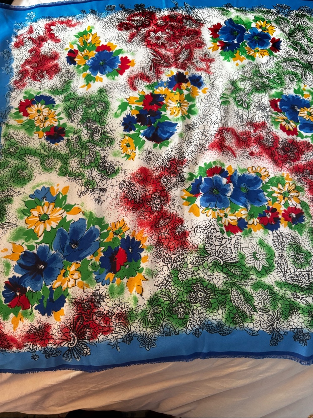 Square Floral Silk-Style Scarf in Blue, Green, Red, Yellow Designer